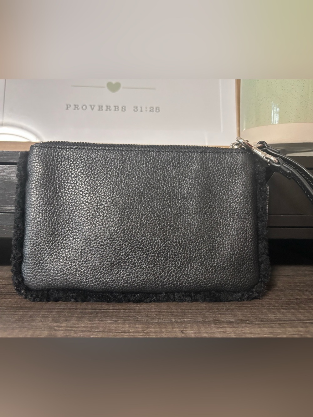 Coach Black Pebbled Leather Shearling-Trim Wristlet - Picture 3 of 11